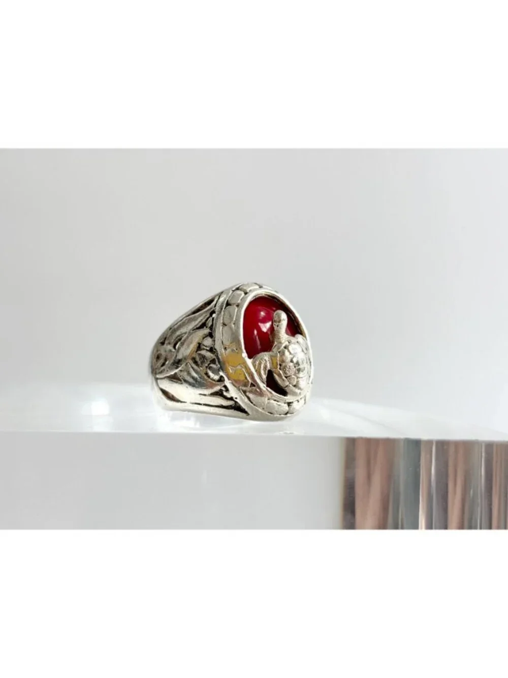 Carnelian Stone Turtle Figural Oval Sterling Silver 925 Vintage Ring - sz 6